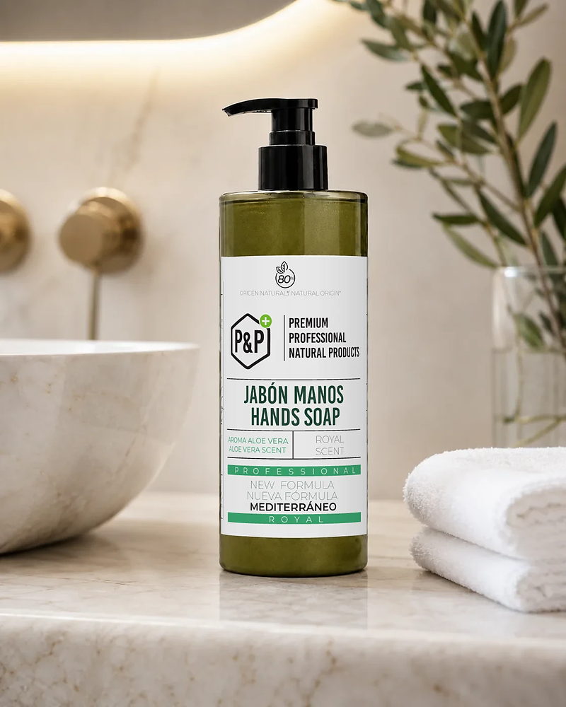 Dosificador de jabón de manos P&P aroma aloe vera sobre encimera de mármol en el baño de un hotel, con toallas blancas y una rama de olivo
