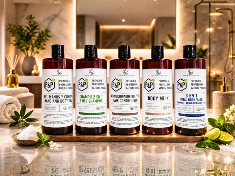 Gama completa de amenities P&P dispuesta en el baño de un hotel