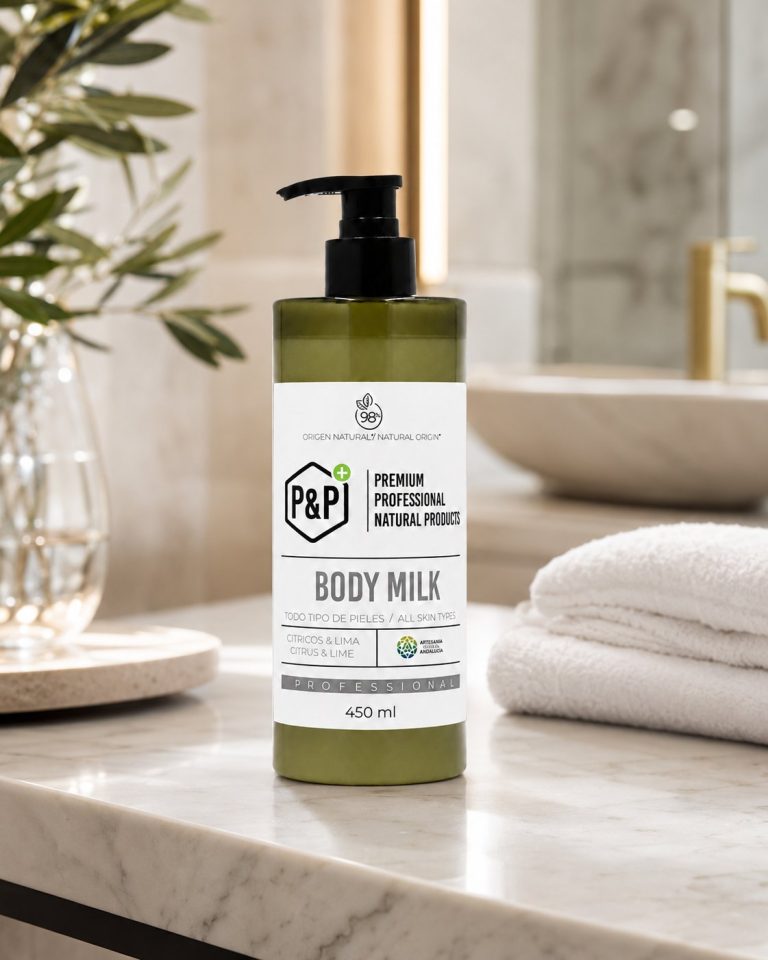 P&P 450-ml-Body-Milk-Flasche auf Marmor neben gefalteten Handtüchern