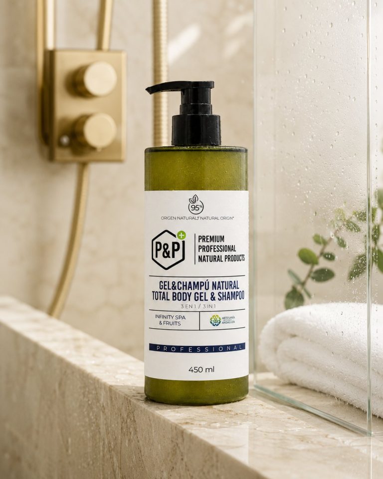 Bote P&P de gel y champú natural 3 en 1 Total Body Wash de 450 ml en un baño de hotel