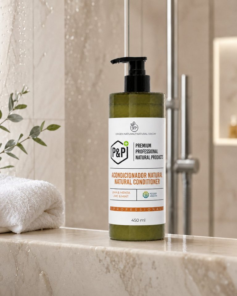 Bote de acondicionador natural P&P de 450 ml en la ducha de un hotel
