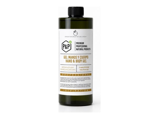 Bote P&P de 450 ml de gel de manos y cuerpo aroma azahar INSPIRATION sobre fondo blanco