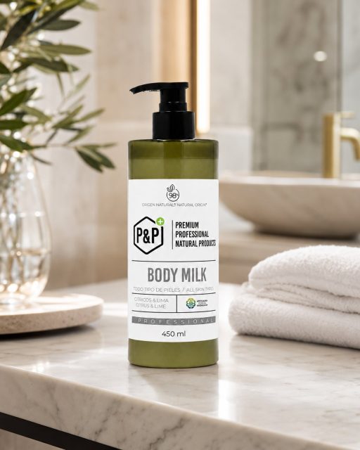 Frasco de body milk P&P de 450 ml sobre mármore junto a toalhas dobradas