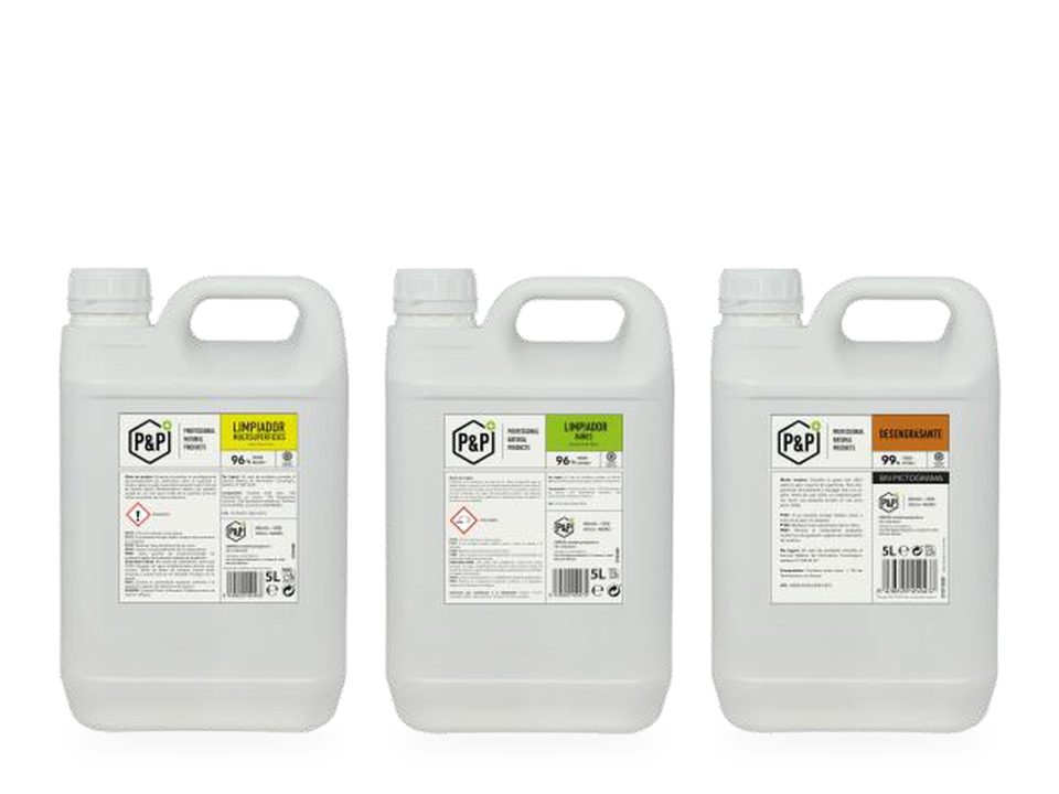 P&P 5-litre jerricans of multi-surface cleaner, bathroom cleaner and degreaser
