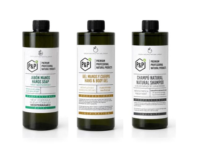 Jabón de manos, gel de manos y cuerpo y champú natural P&P de la gama de higiene y amenities para hotel