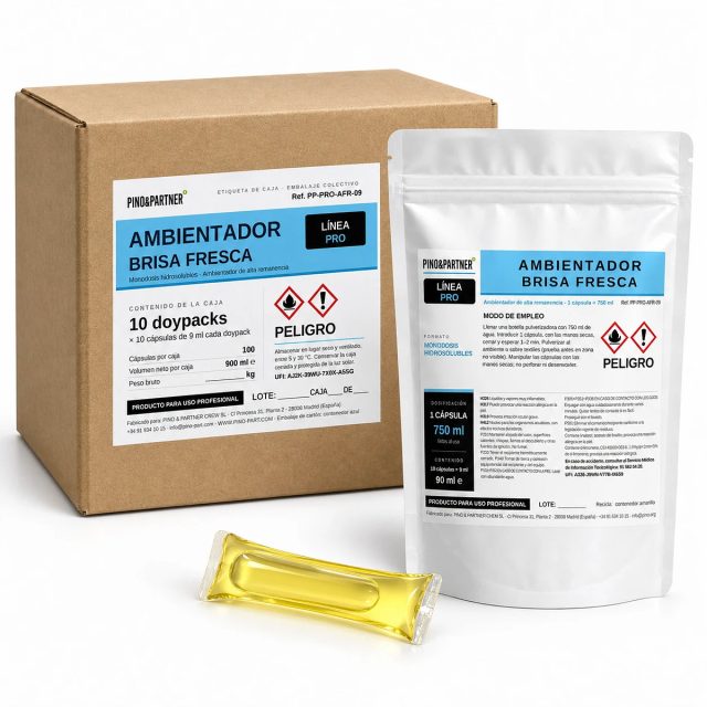 Monodosis hidrosoluble de ambientador Brisa Fresca de la línea PRO: caja, doypack de 10 cápsulas y cápsula amarilla