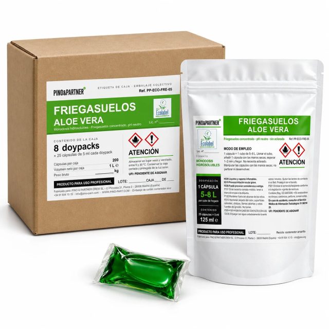 Monodosis hidrosoluble de friegasuelos Aloe Vera con EU Ecolabel: caja, doypack de 25 cápsulas y cápsula verde