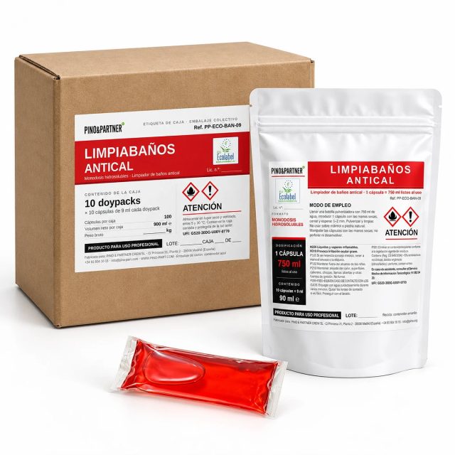 Monodosis hidrosoluble de limpiabaños antical con EU Ecolabel: caja, doypack de 10 cápsulas y cápsula roja