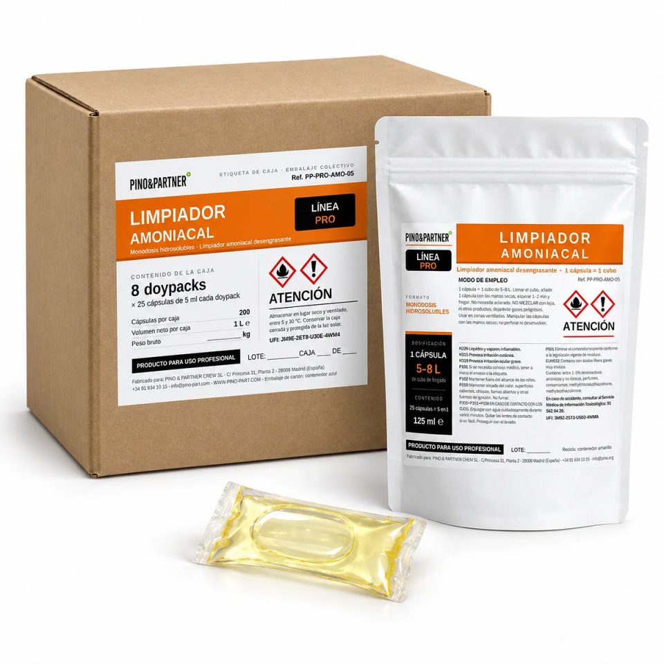 Monodosis hidrosoluble de limpiador amoniacal de la línea PRO: caja, doypack de 25 cápsulas y cápsula ámbar