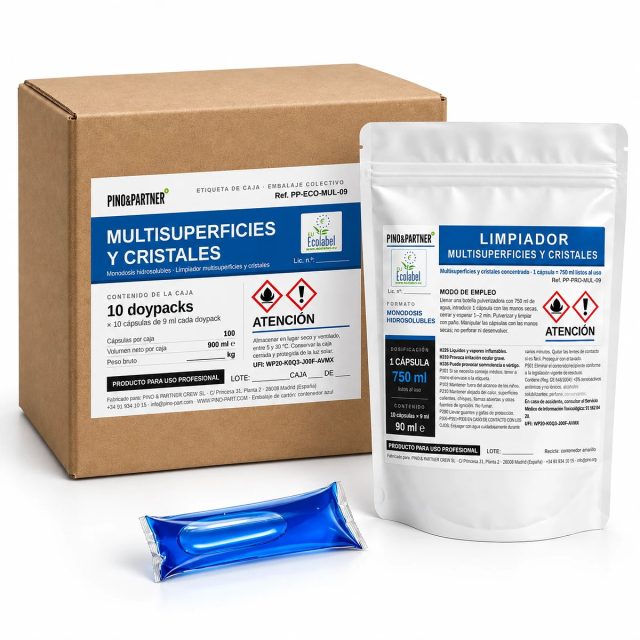 Monodosis hidrosoluble multisuperficies y cristales con EU Ecolabel: caja, doypack de 10 cápsulas y cápsula azul