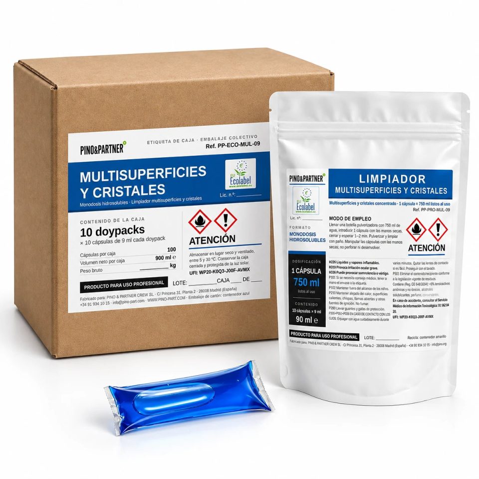 Monodosis hidrosoluble multisuperficies y cristales con EU Ecolabel: caja, doypack de 10 cápsulas y cápsula azul
